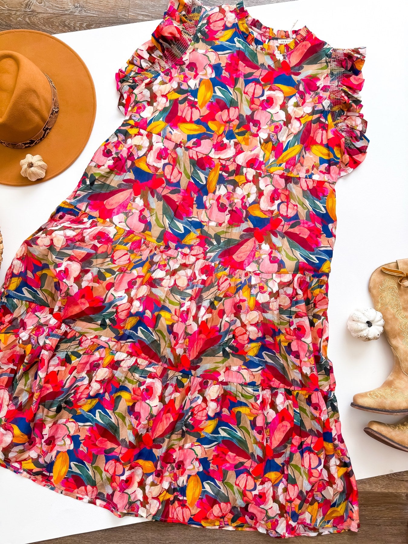 Painted Petals Floral Ruffle Sleeve Tiered Midi Dress