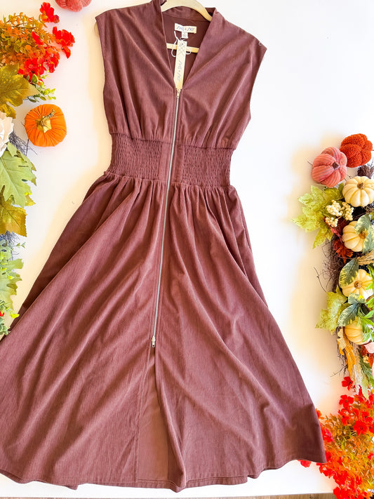 Cider & Corduroy - Drop Shoulder Smocked Waist Front Zip Corduroy Midi Dress With Pockets