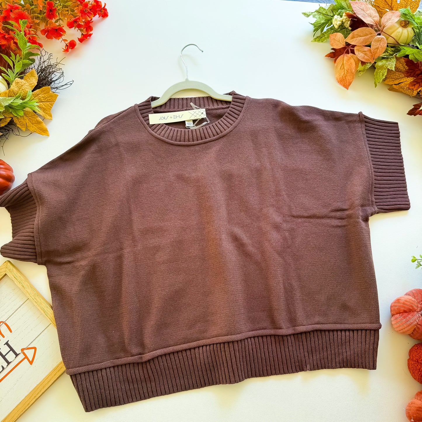 Harvest Hug - Plus Drop Half Sleeve Crew Neck Sweater Top