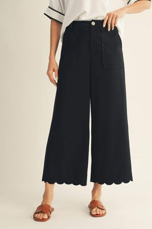 Black scalloped hem wide leg crop pants