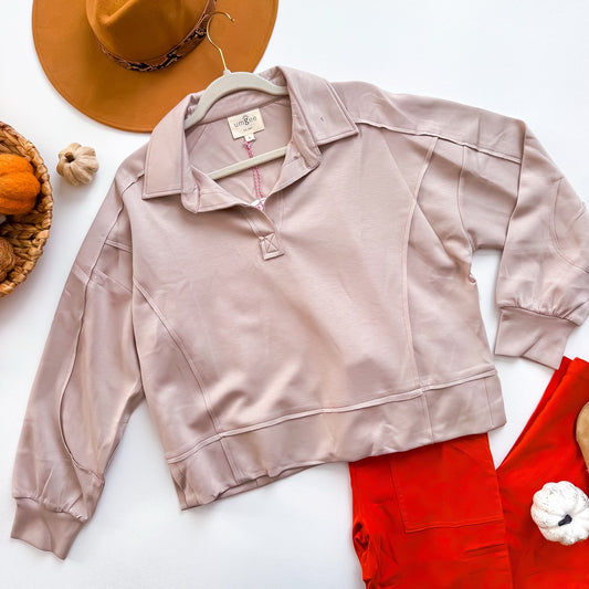 Umgee taupe seamed collar polo pullover