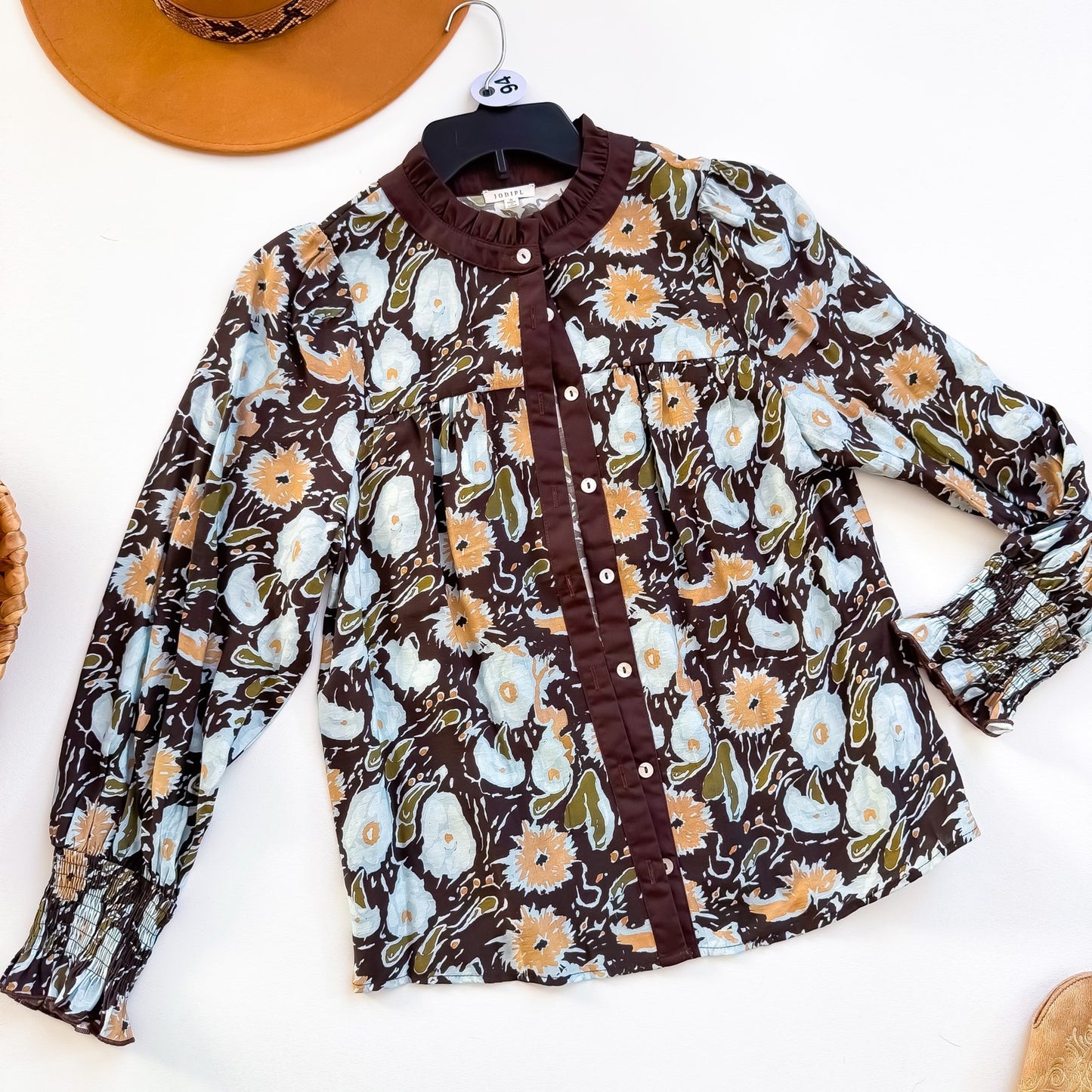 Chocolate Meadow Floral Ruffle Neck Blouse