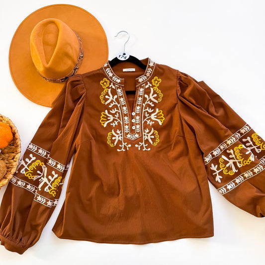 Cinnamon Folk Embroidered Puff Sleeve Blouse