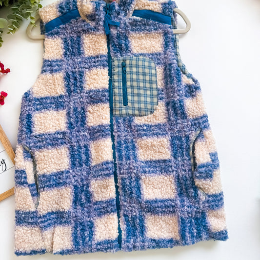 Blue & Cream Plaid Sherpa Zip Up Vest with Flannel Pocket