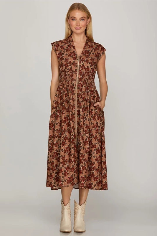 Dusty Rose & Wine Print Smocked Waist Zip Front Midi Dress