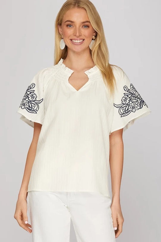 Short Sleeve Embroidered Top (Navy / Off White)