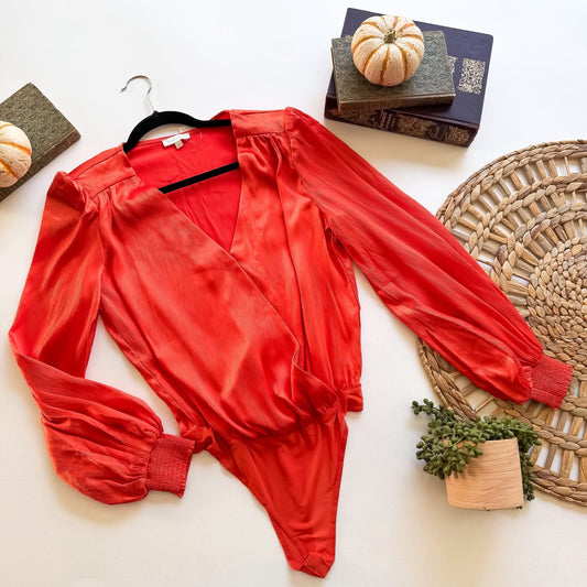 Pumpkin Spice Satin Surplice Bodysuit