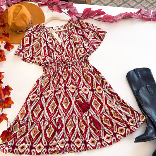 Berry Flutter Sleeve Tassel Print Mini Dress