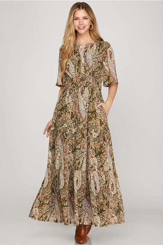Print Tiered Flutter Sleeve Maxi Dress