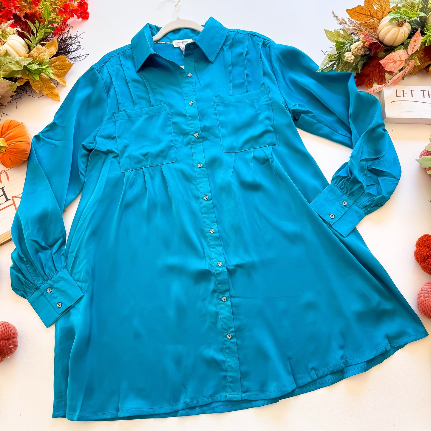 Teal Tidings Satin Shirt Dress