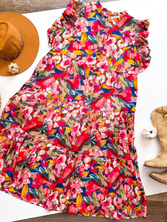 Painted Petals Floral Ruffle Sleeve Tiered Midi Dress