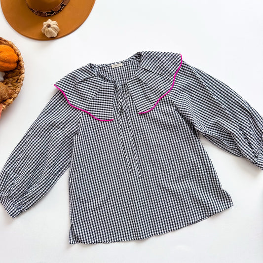 Gingham Garden Scalloped Collar Tie Blouse