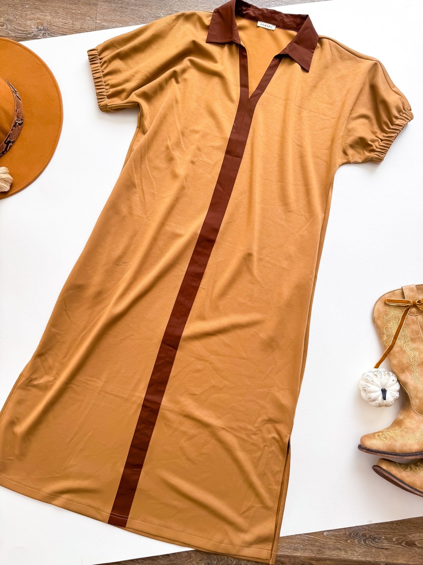 Caramel Latte Contrast Placket Midi Dress