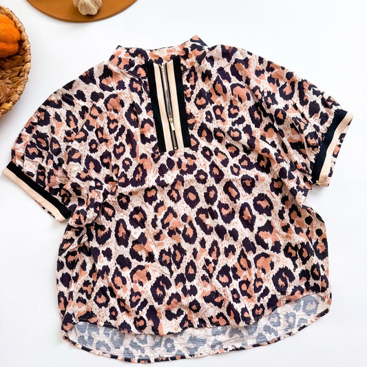 Cheetah Chic Quarter Zip Stripe Trim Top