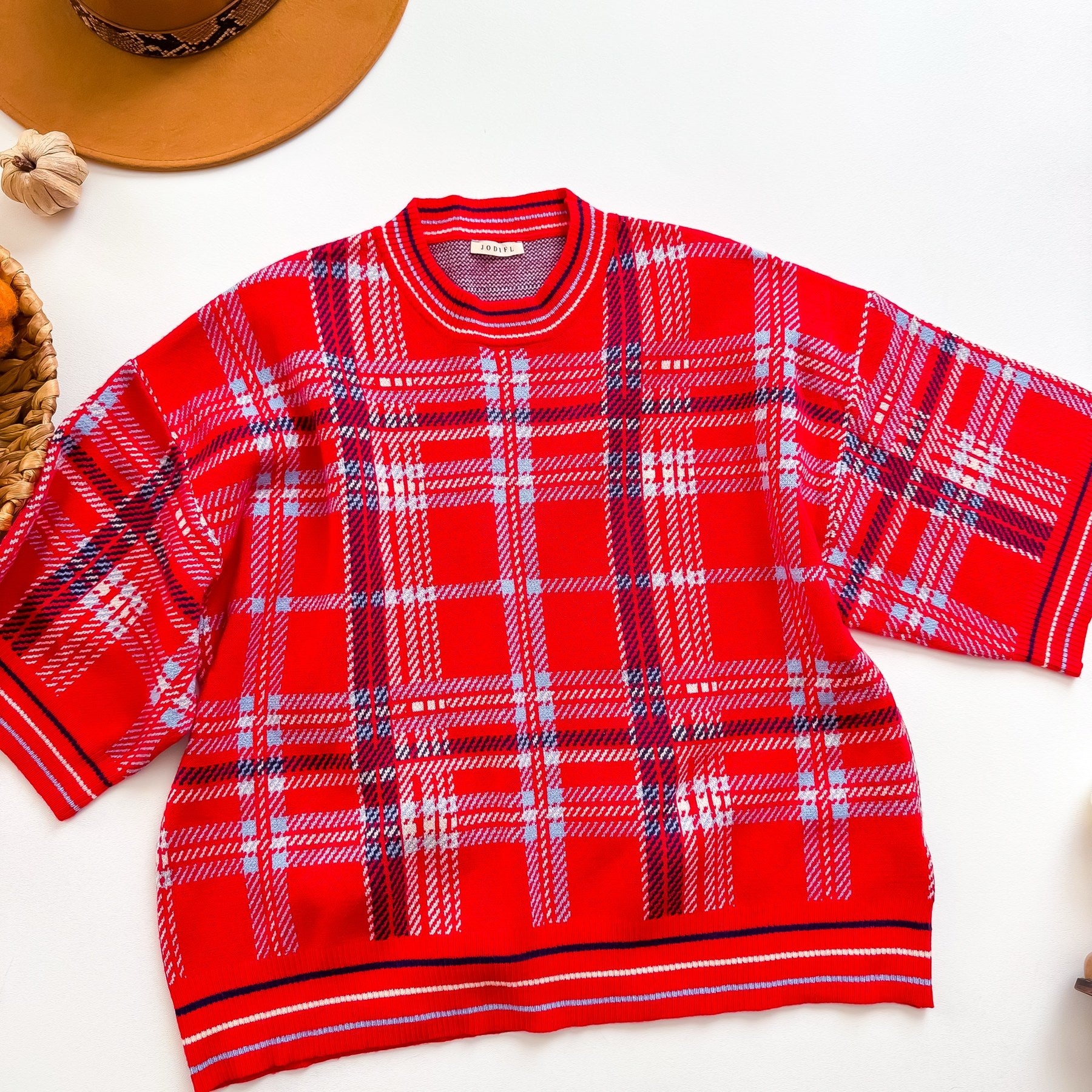 Cranberry Plaid Wide Sleeve Sweater