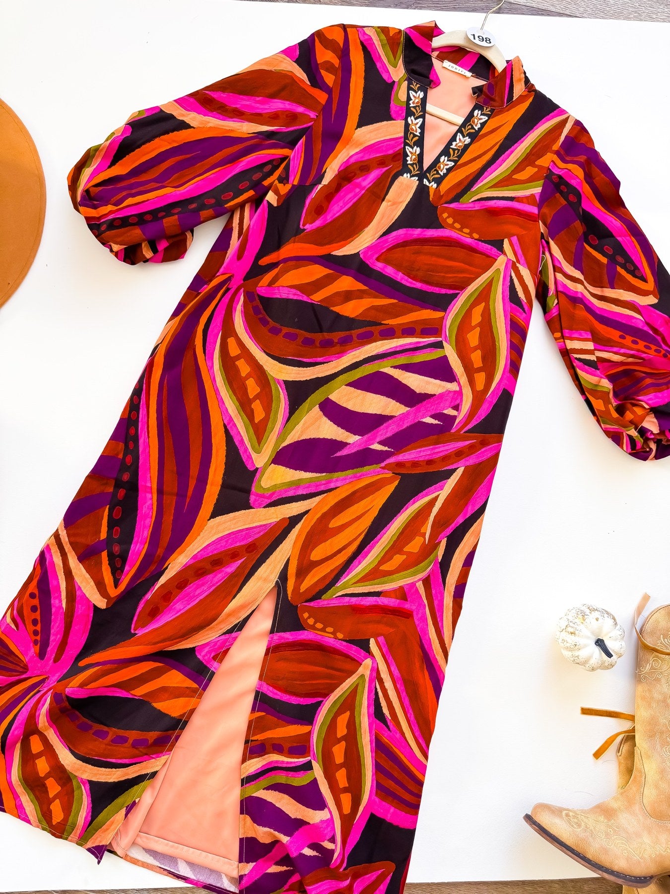 Autumn Palette Abstract Leaf Embroidered Trim Maxi Dress