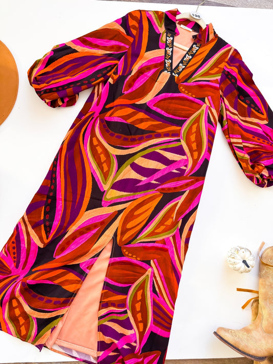 Autumn Palette Abstract Leaf Embroidered Trim Maxi Dress
