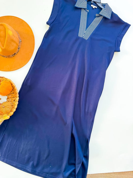 Navy Nights Stripe Collar Polo Midi Dress