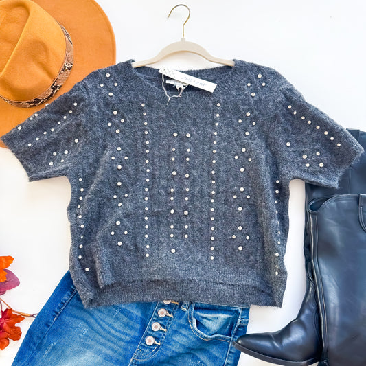 Charcoal Rhinestone Cable Knit Sweater Top