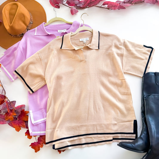 Contrast Hem Collared Sweater Top