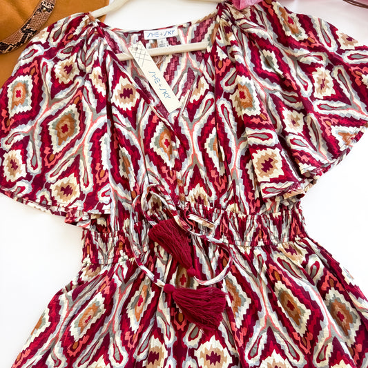 Berry Flutter Sleeve Tassel Print Mini Dress