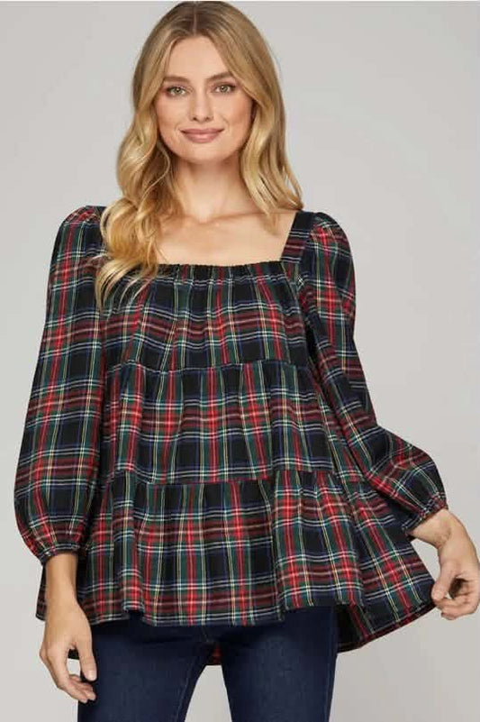 Plaid Tiered Square Neck Top (Black / Green / Red)
