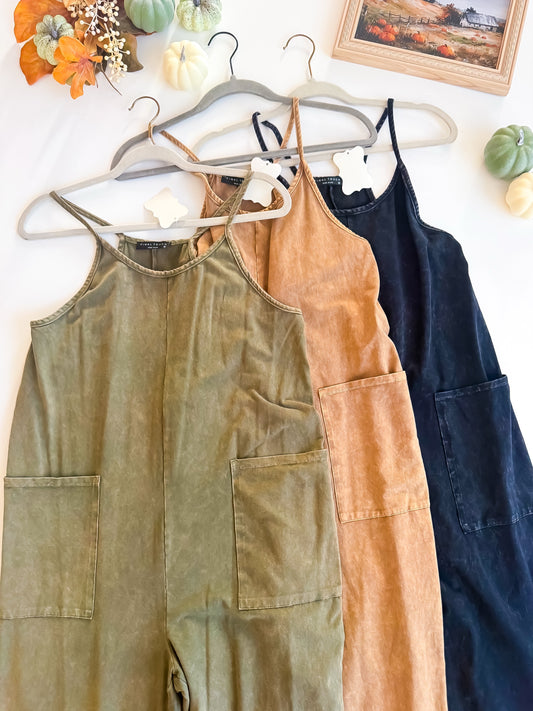 Harvest Hangout Washed Jumpsuit in olive, camel and black