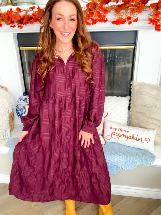 Mulled Wine Leopard Collar Tiered Midi Dress