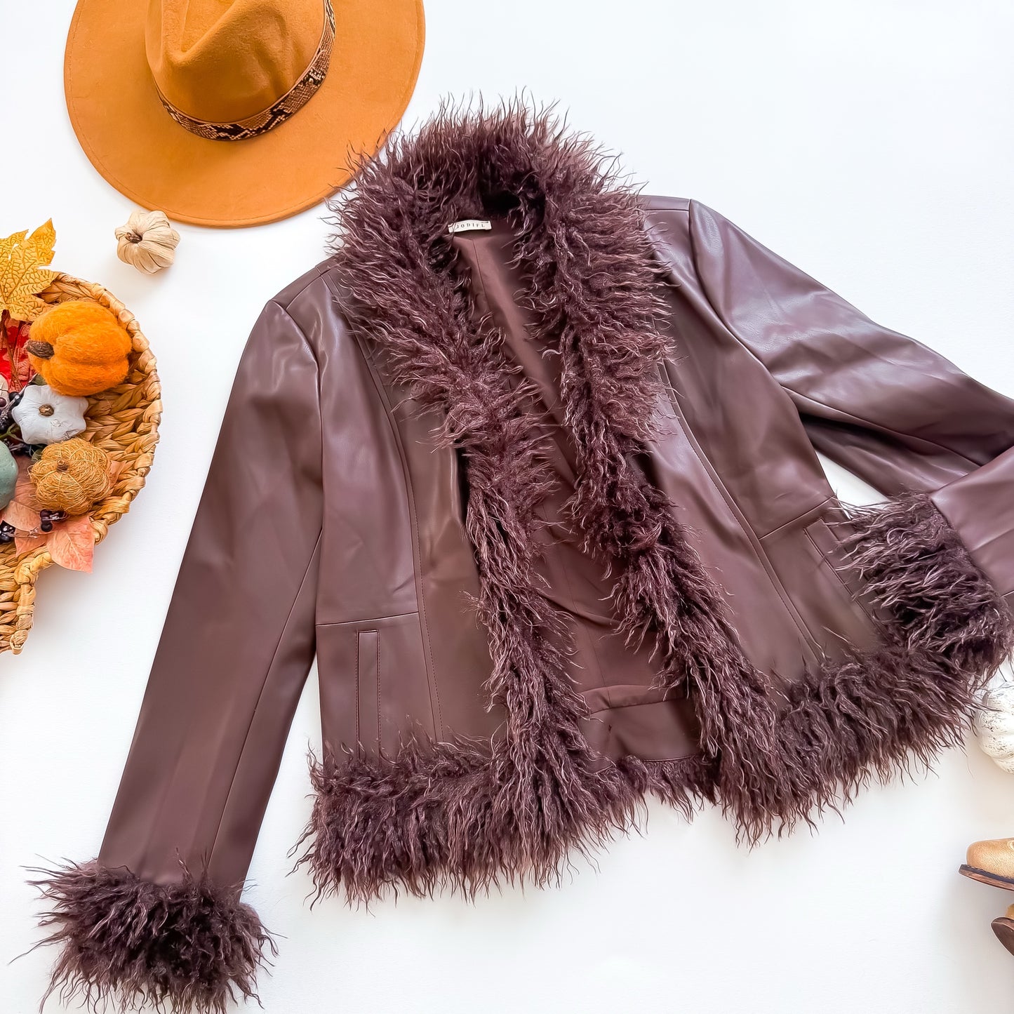 Mocha Muse Leather-Look Shaggy Trim Jacket