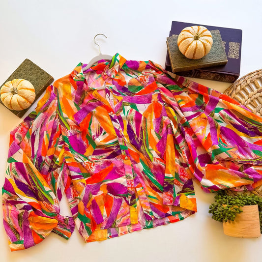 Autumn afterglow abstract print button-up blouse