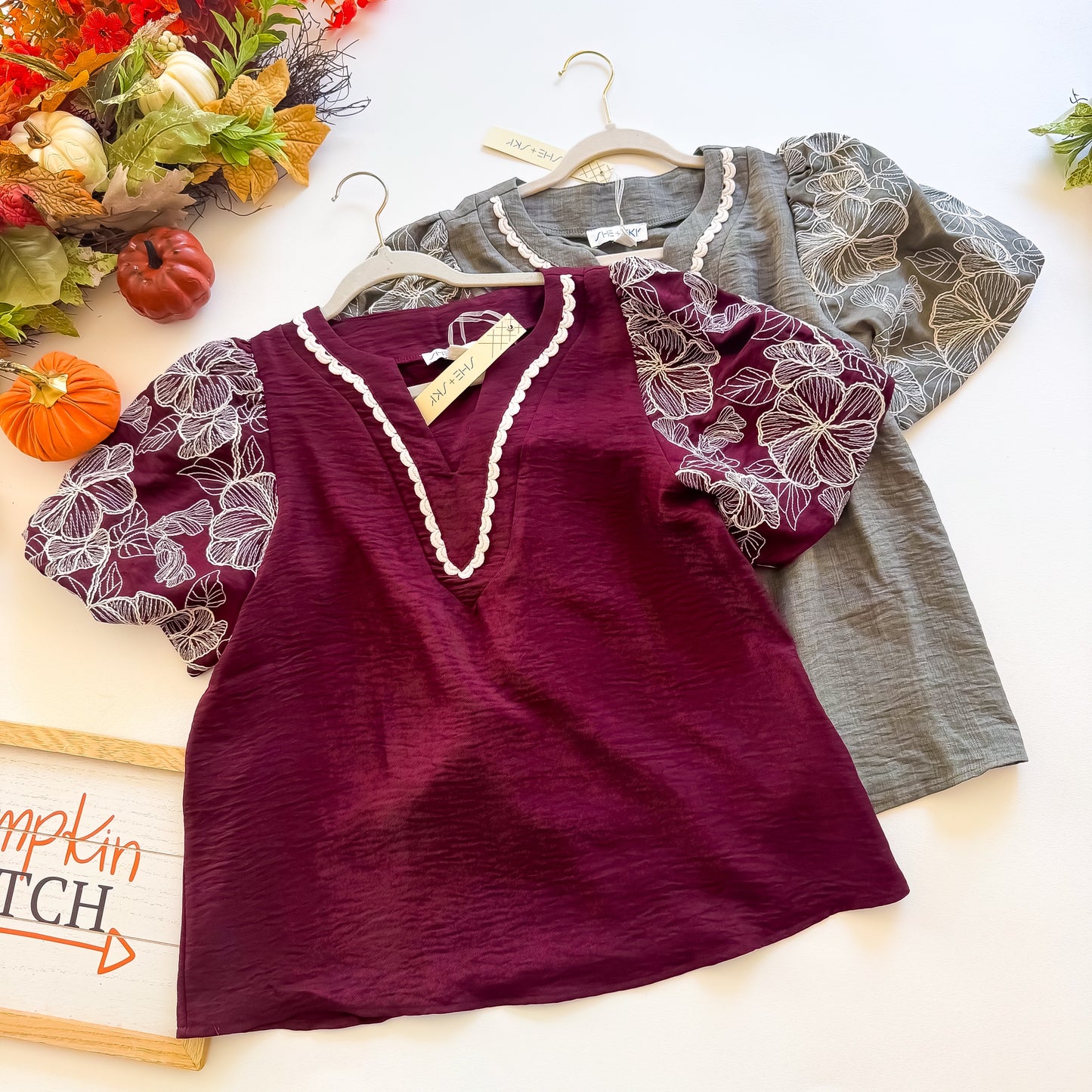 Autumn Lace Affair - Short Embroidered Puff Sleeve Woven Top With Neck Trim Lace Detail