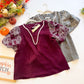 Autumn Lace Affair - Short Embroidered Puff Sleeve Woven Top With Neck Trim Lace Detail