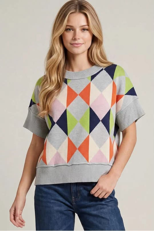 Grey Argyle Color Block Short Sleeve Sweater