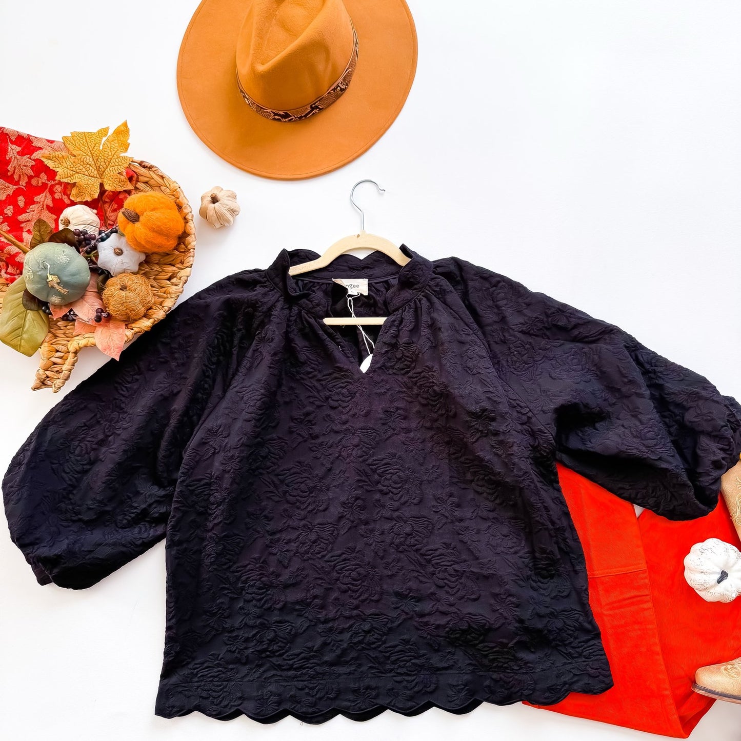 Umgee+ black rose jacquard scalloped peasant top