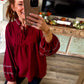 Burgundy babydoll blouse tie neck and pleats