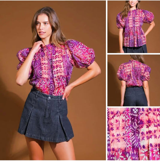Berry Bliss Magenta Batik Print Puff Sleeve Top