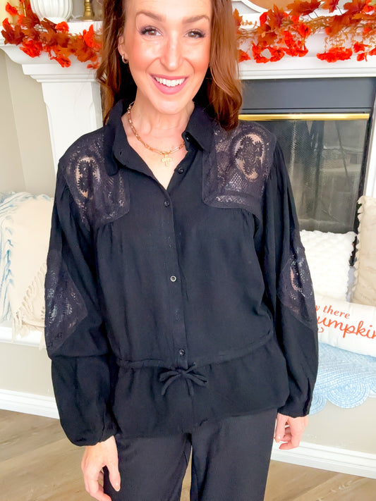 Raven Lace Yoke Linen Peplum Blouse