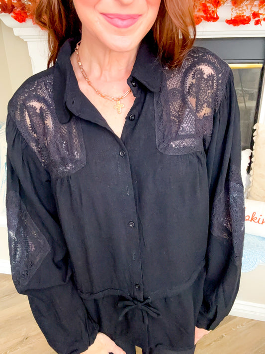 Raven Lace Yoke Linen Peplum Blouse