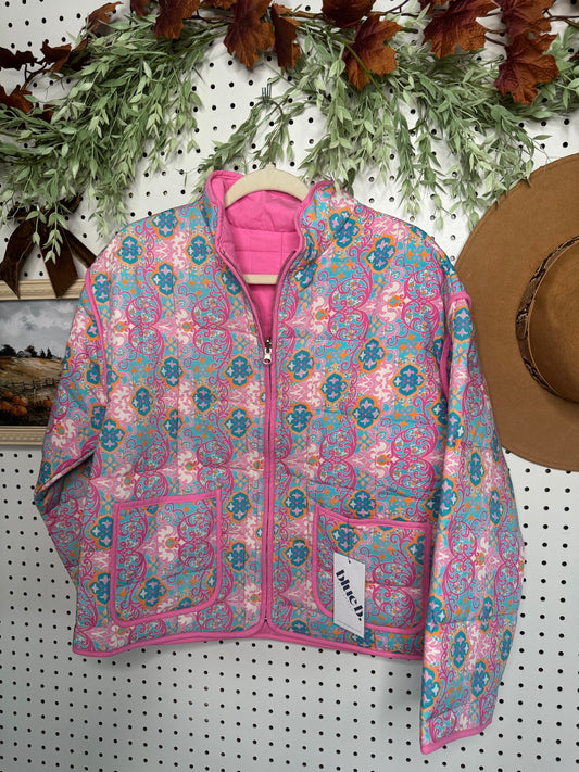 Pink and turquoise medallion quilted zip jacket