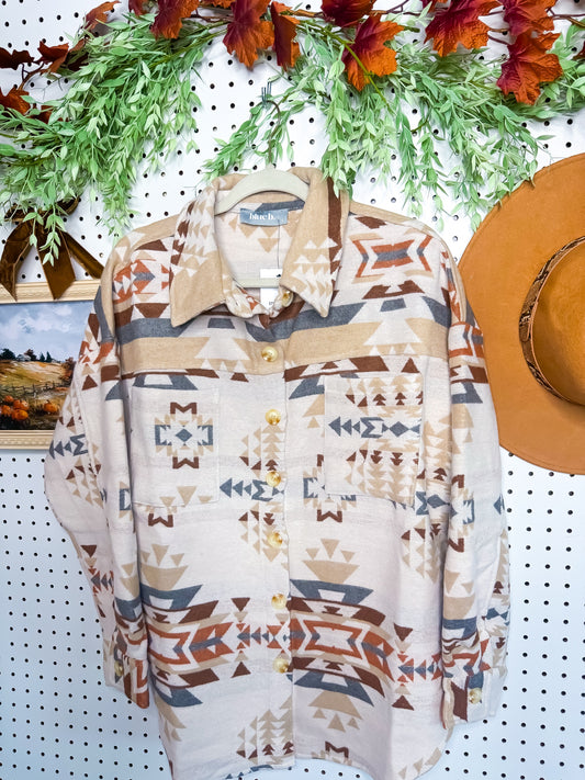 Cream southwest print button up shacket