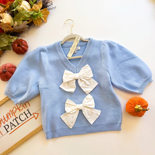 Sweater Weather Sweetie - Short Puff Sleeve Bow Front Sweater Top