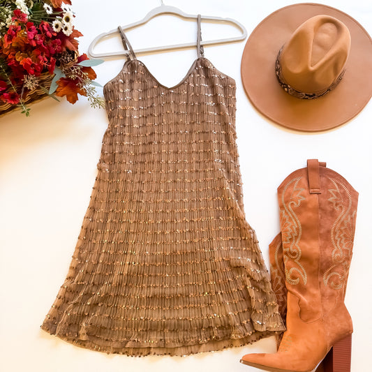 Bronze sequin cami mini dress flat lay