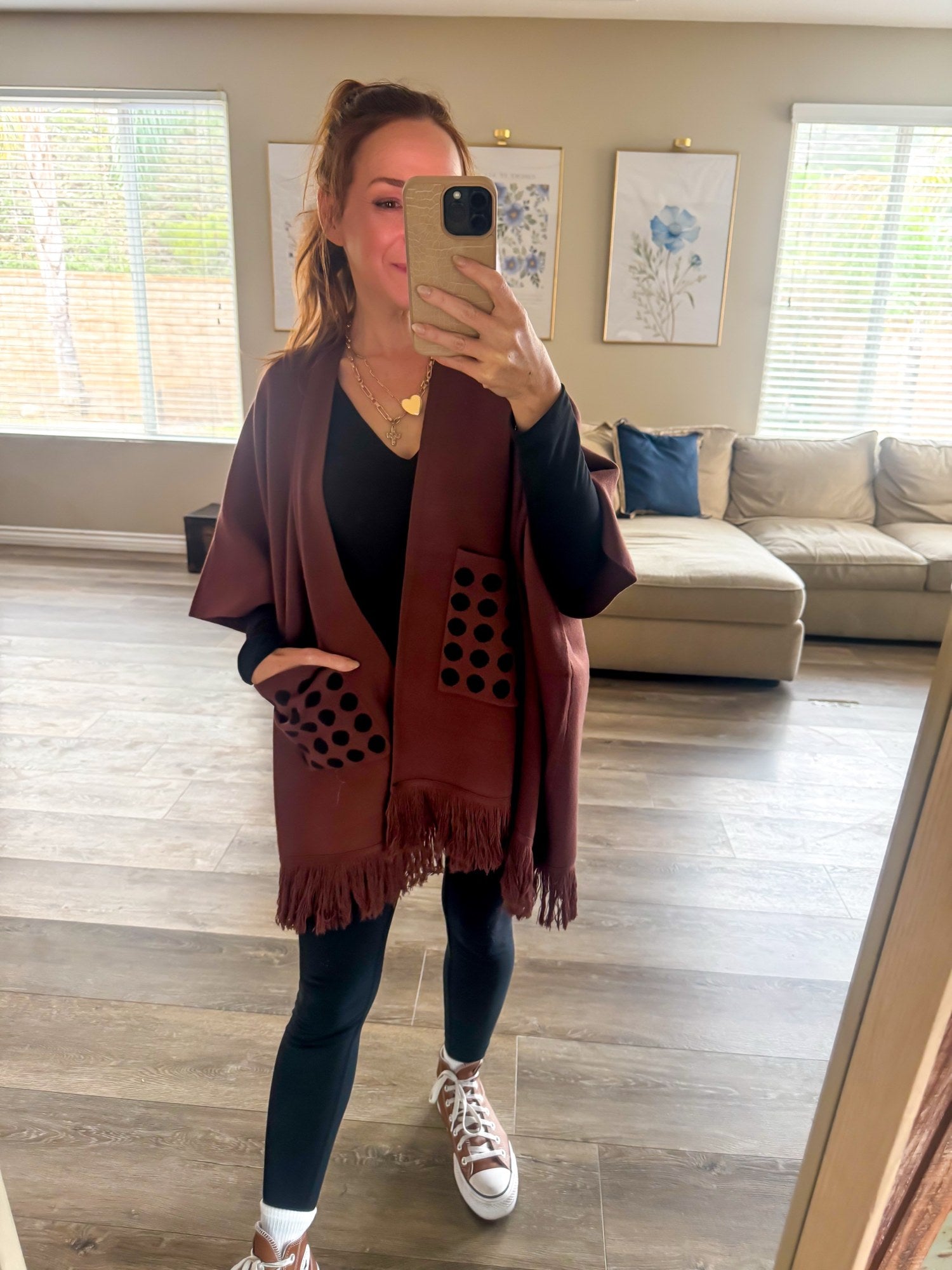 Brown polka dot pocket poncho with fringe