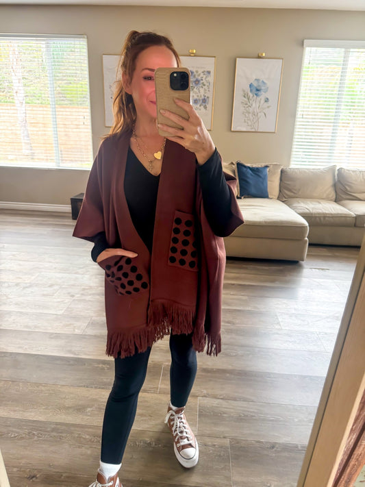 Brown polka dot pocket poncho with fringe