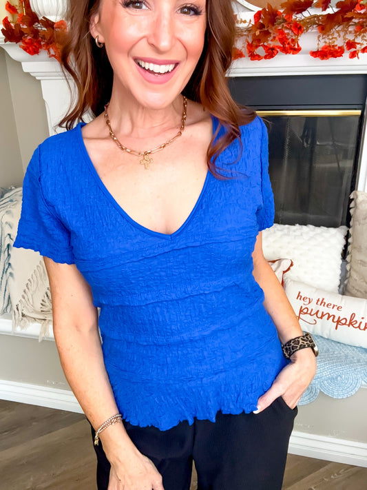 Royal Ripple Tiered Crinkle V-Neck Tee