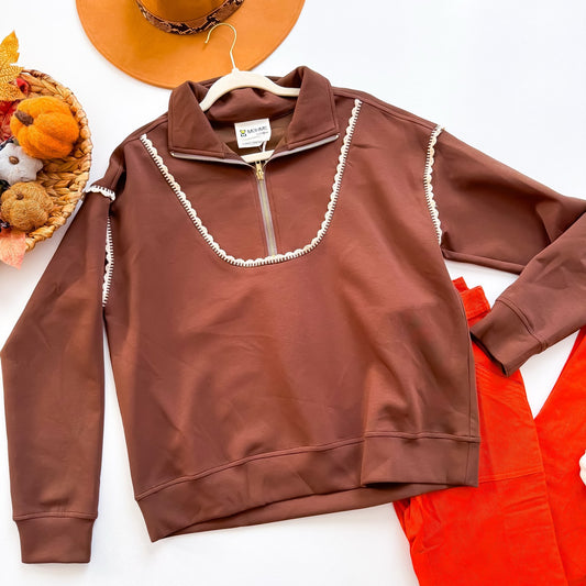 Umgee Mohme cocoa crochet trim quarter zip pullover
