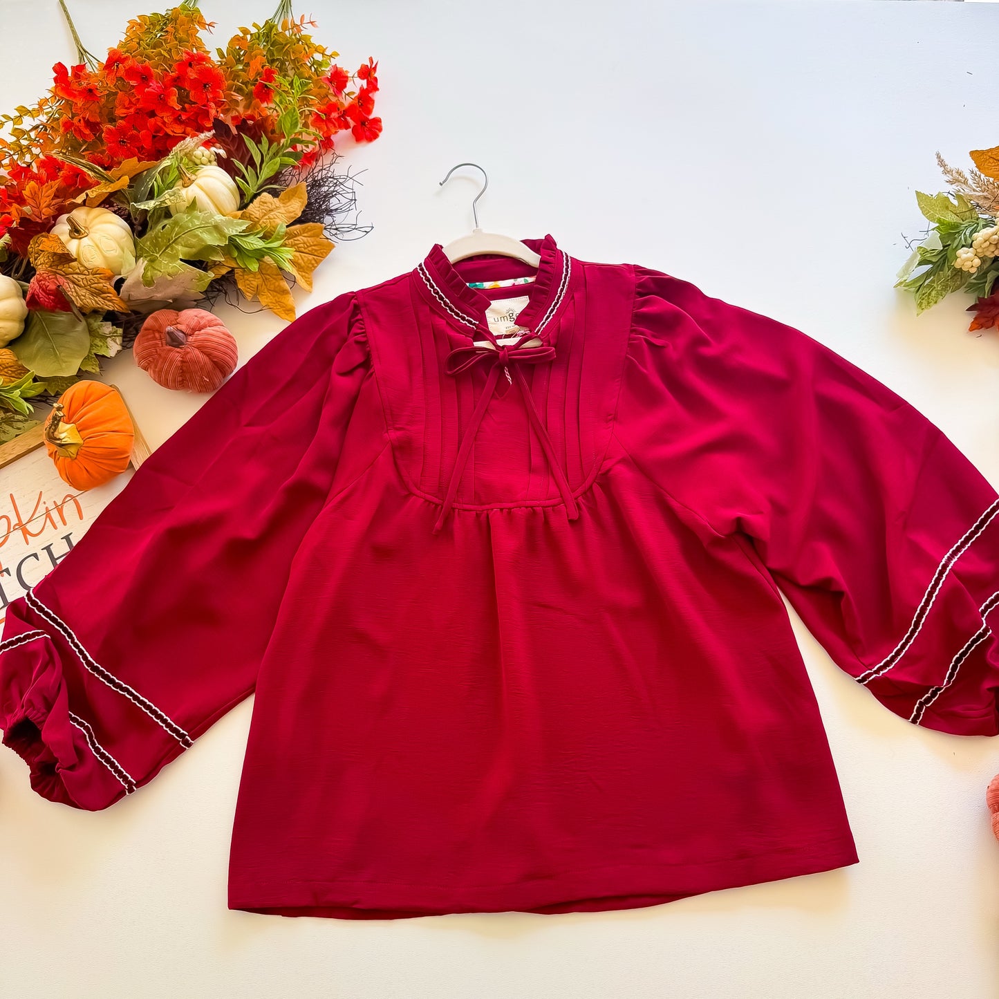 Spiced Cranberry Ruffle Neck Blouse