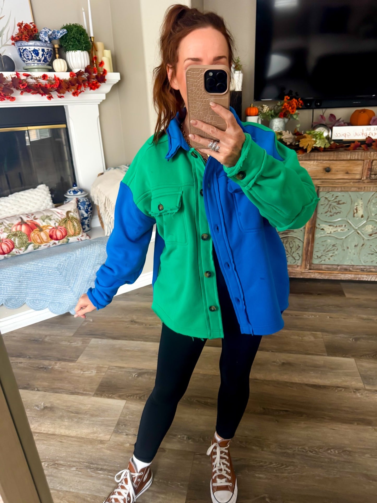Harvest Hues Colorblock Shacket blue and green