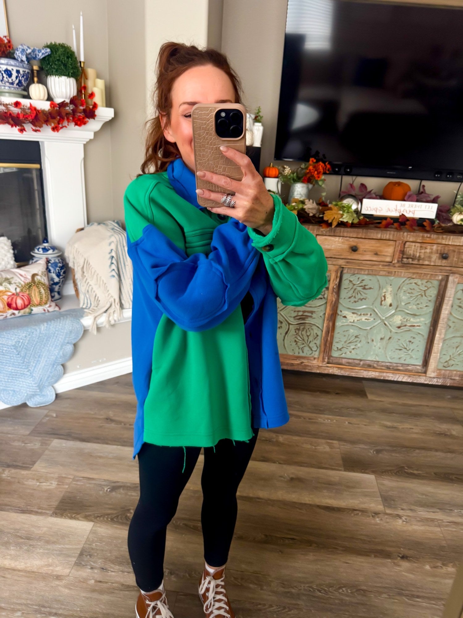 Harvest Hues Colorblock Shacket styled with leggings