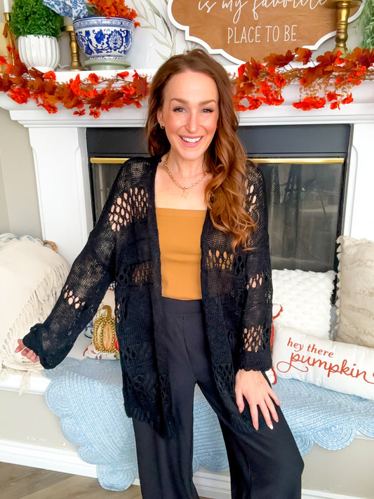 Midnight Harvest Black Open Knit Pointelle Cardigan